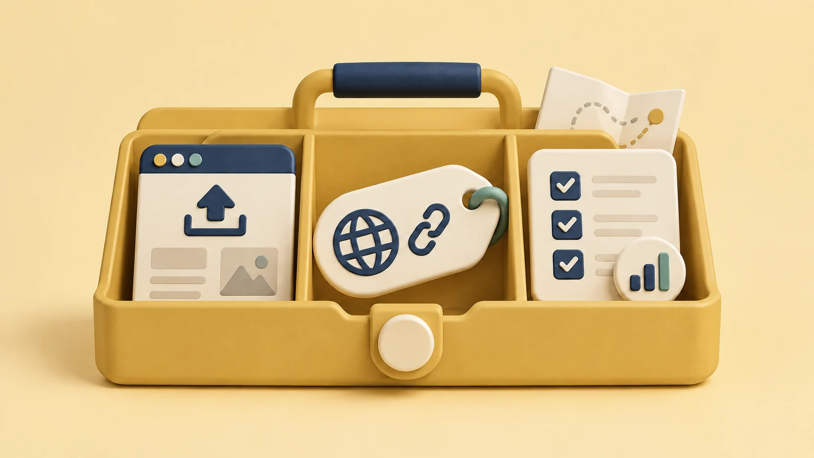 Bộ toolkit vàng gồm biểu tượng tải trang web, tên miền và checklist đo lường.