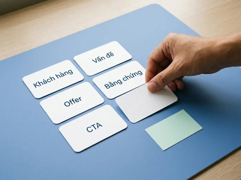Bàn tay đang sắp xếp các thẻ nội dung: Khách hàng, Vấn đề, Offer, Bằng chứng và CTA.